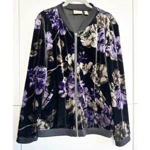Chicos Velvet Bomber Jacket Purple Black Floral Size 1 (Medium) Zip Up